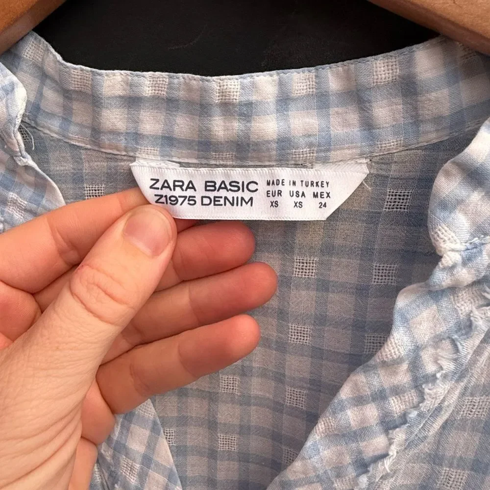 Zara Basic Lightweight Gingham Check Button Front Blouse in Light Blue/White |XS